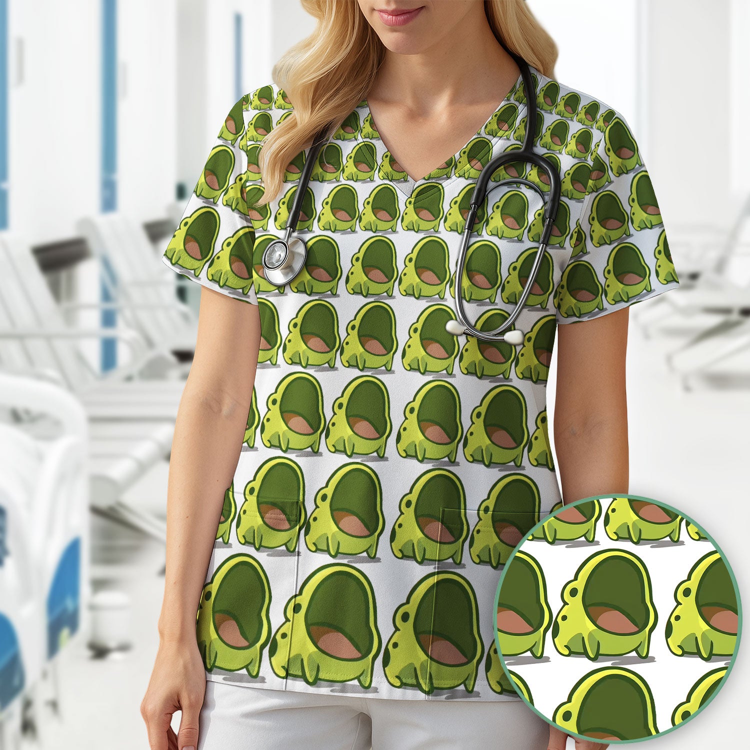 Cute Green Frog Cartoon Pattern Scrub Top, Breathable Fabrics Nursing Uniform