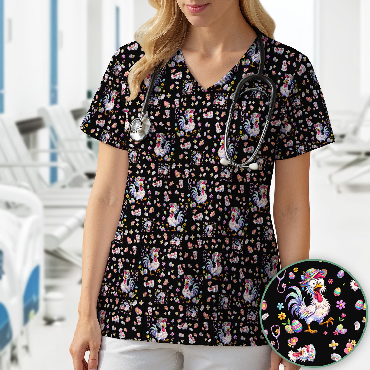 Funny Easter Nurse Chicken Pattern Scrub Top, Comfortable Scrubs for Nurses