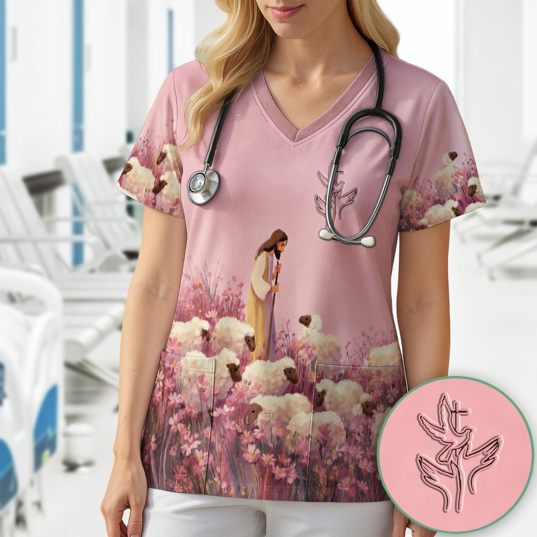 Christian Shepherd With Lambs Pattern Scrub Top, Comfortable Scrubs for Nurses