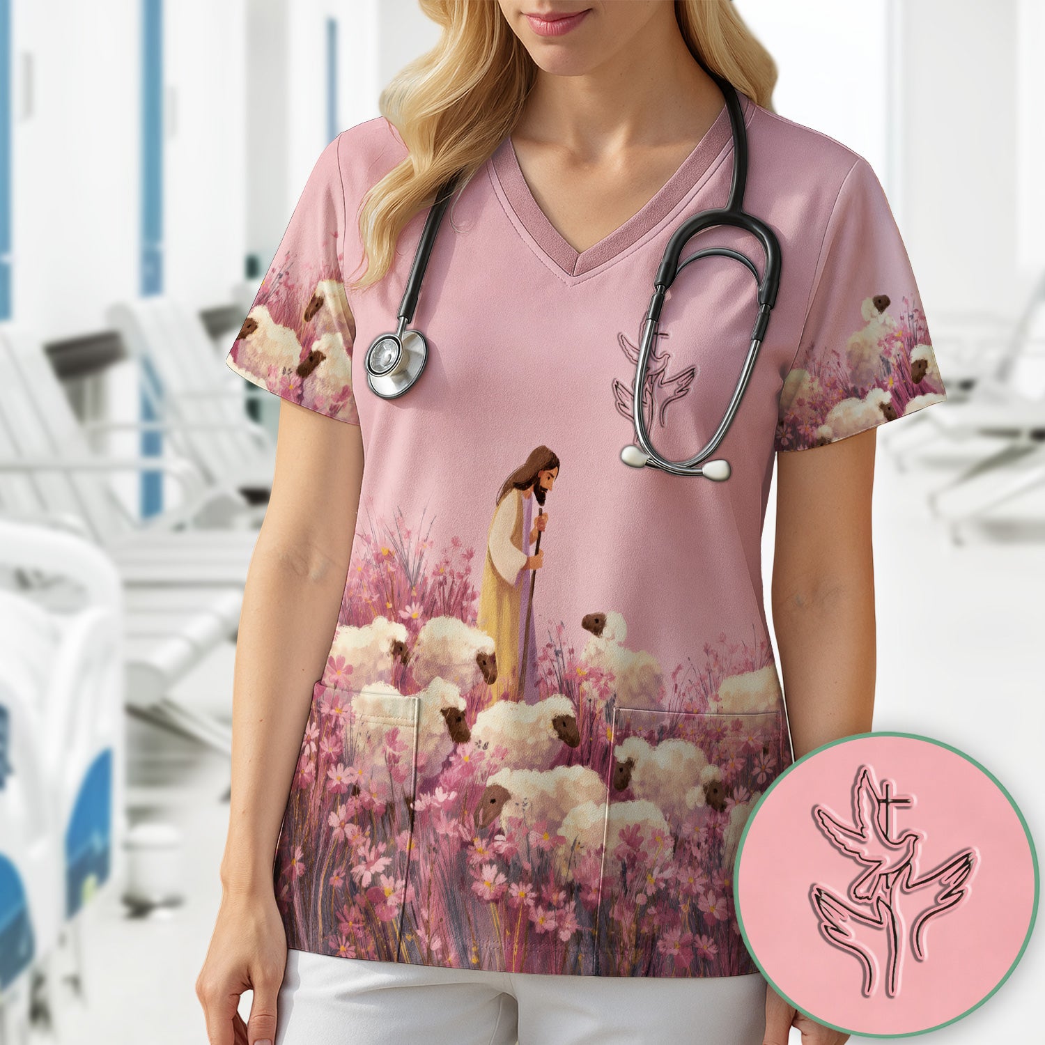 Christian Shepherd With Lambs Pattern Scrub Top, Comfortable Scrubs for Nurses