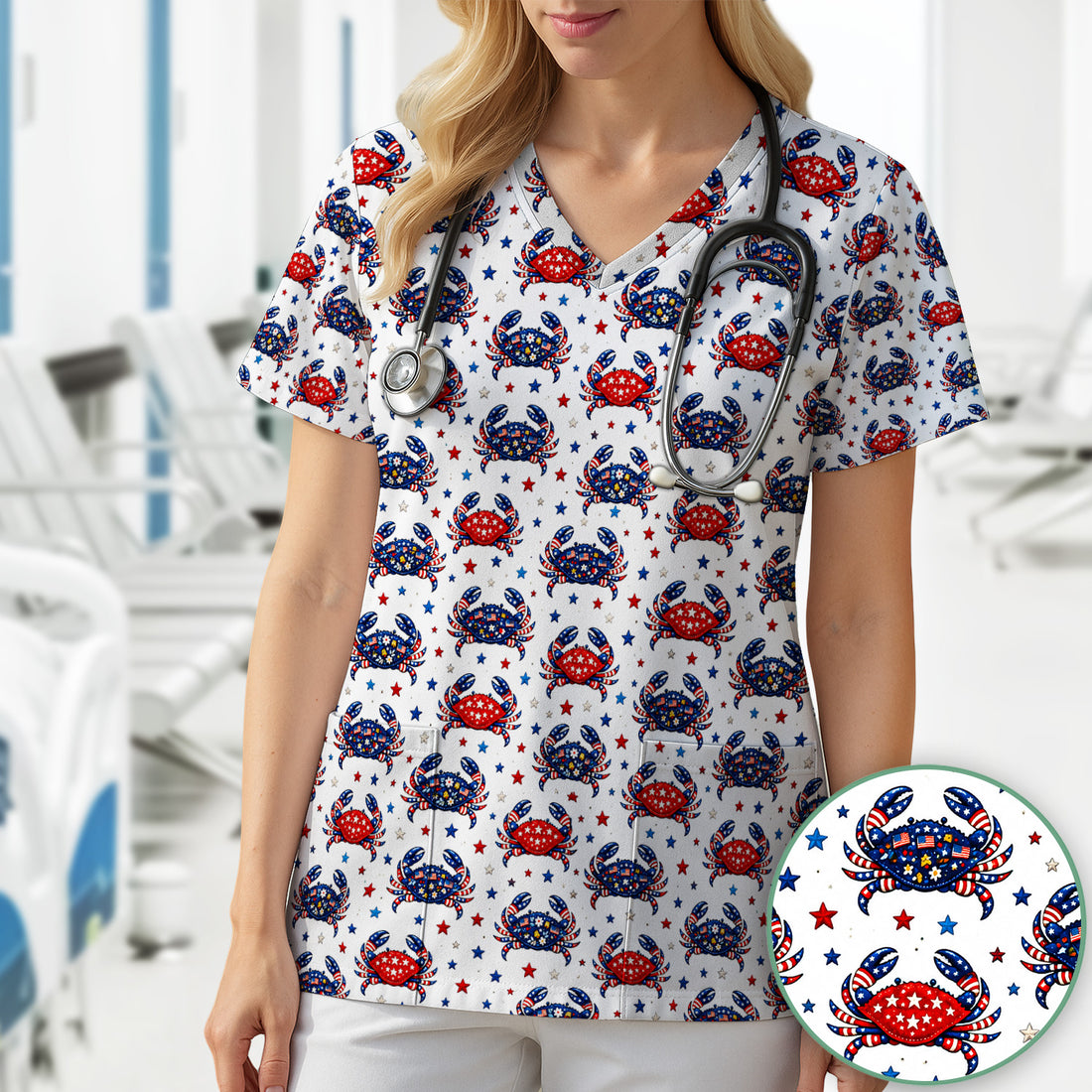 Patriotic Crab Stars Pattern Scrub Top, Comfortable Scrubs for Nurses