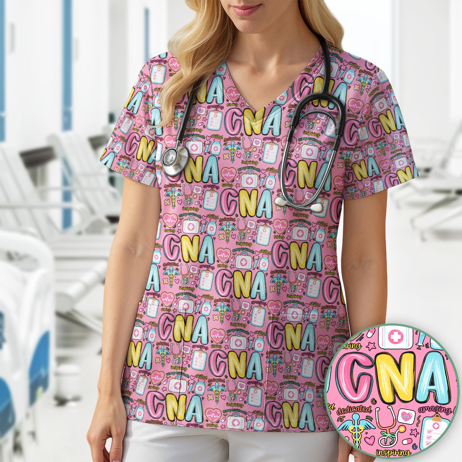 CNA Nurse Appreciation Pattern Scrub Top, Breathable Fabrics Nursing Uniform