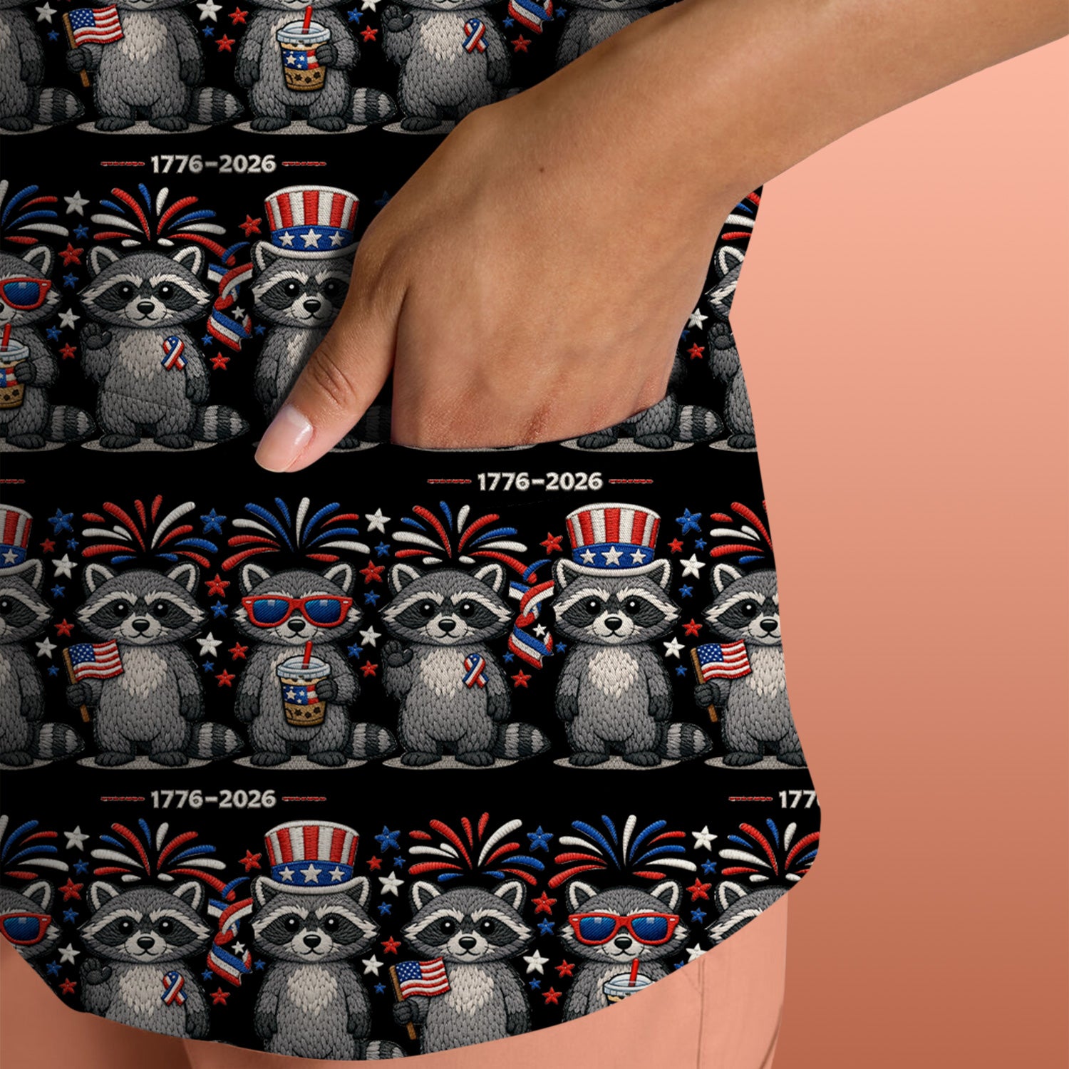 Patriotic Raccoon Fireworks Stripe Pattern Scrub Top, Comfortable Scrubs for Nurses