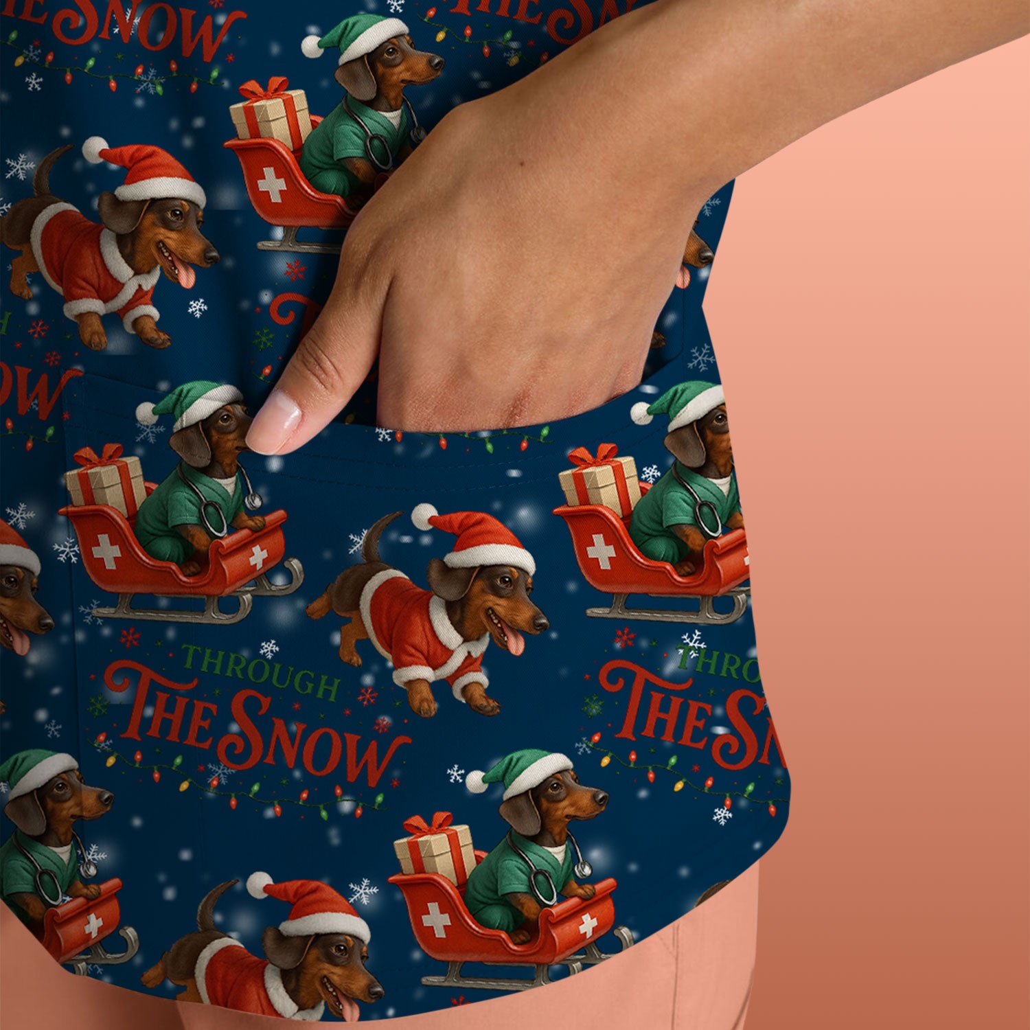 Dachshund Christmas Scrub Top, Cute Dog Nurse Scrub Shirt, Through The Snow Pattern Nursing Uniform
