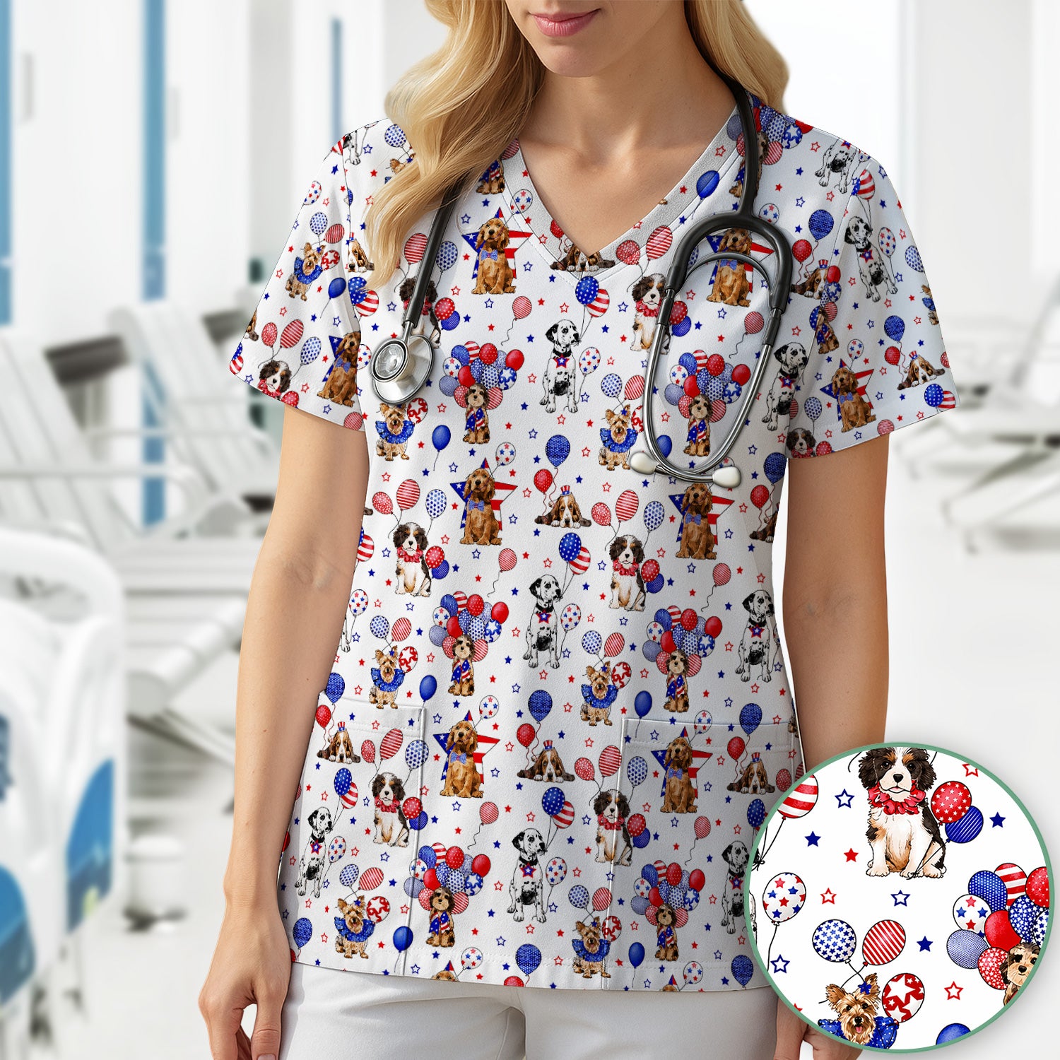 Patriotic Dogs With USA Flag Balloons Pattern Scrub Top, Comfortable Scrubs for Nurses