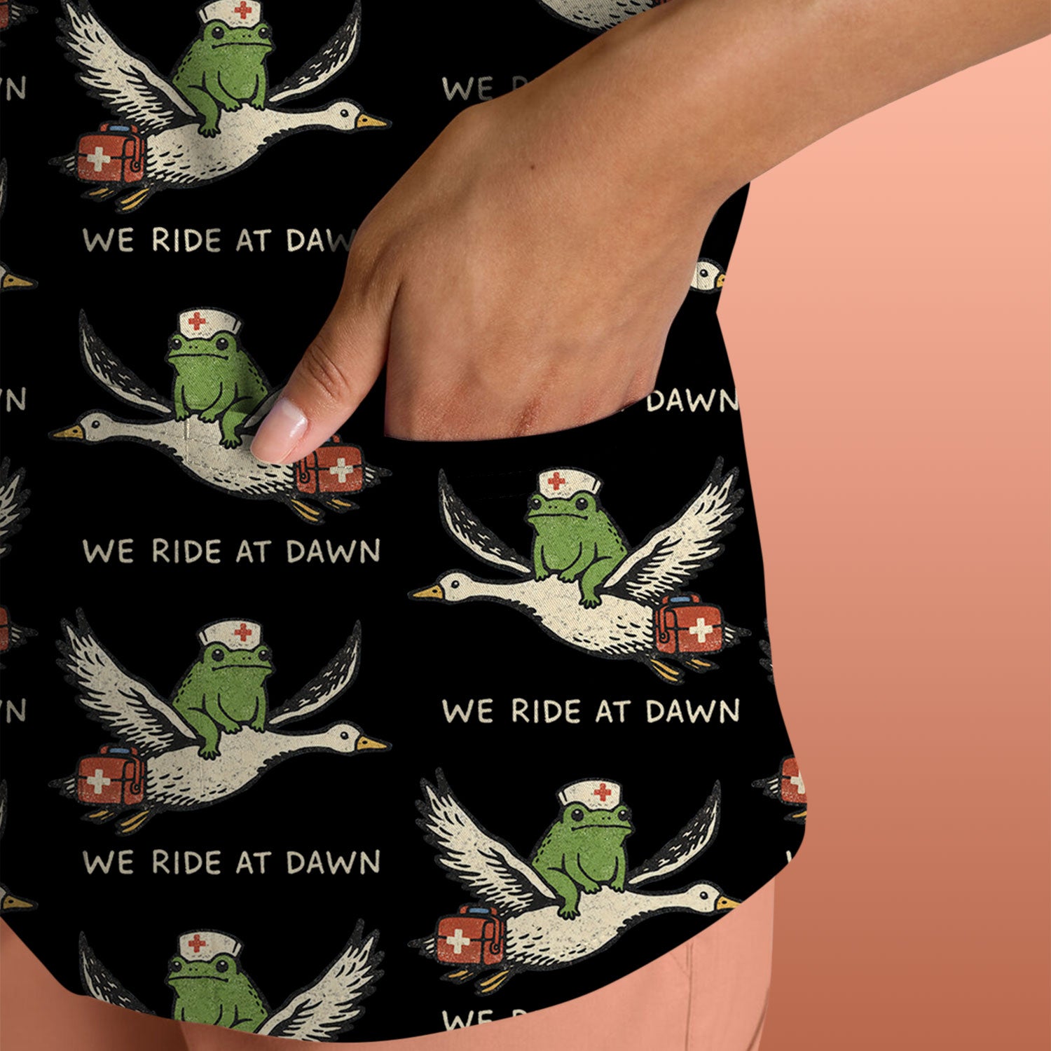Funny Frog Riding Goose Nurse Pattern Scrub Top, Comfortable Scrubs for Nurses