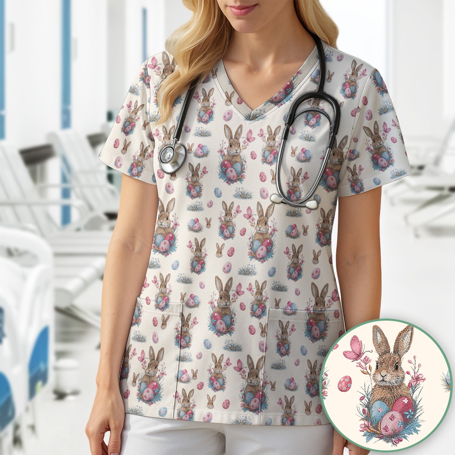 Pastel Easter Bunny Nest Pattern Scrub Top, Comfortable Scrubs for Nurses