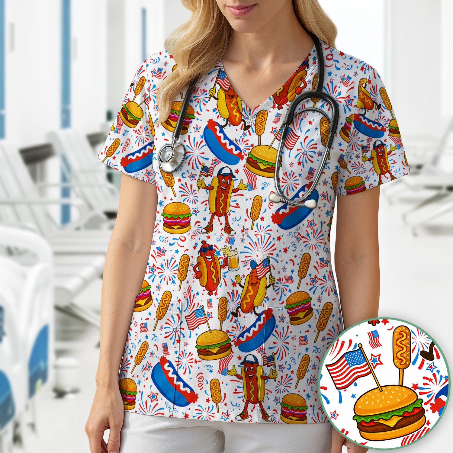 Patriotic Hot Dog Burger Fireworks Scrub Top, Comfortable Scrubs for Nurses