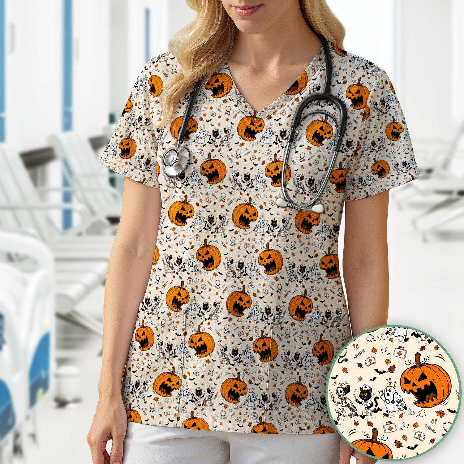 Funny Halloween Pumpkin Chasing Nurses Scrub Top, Comfortable Scrubs for Nurses