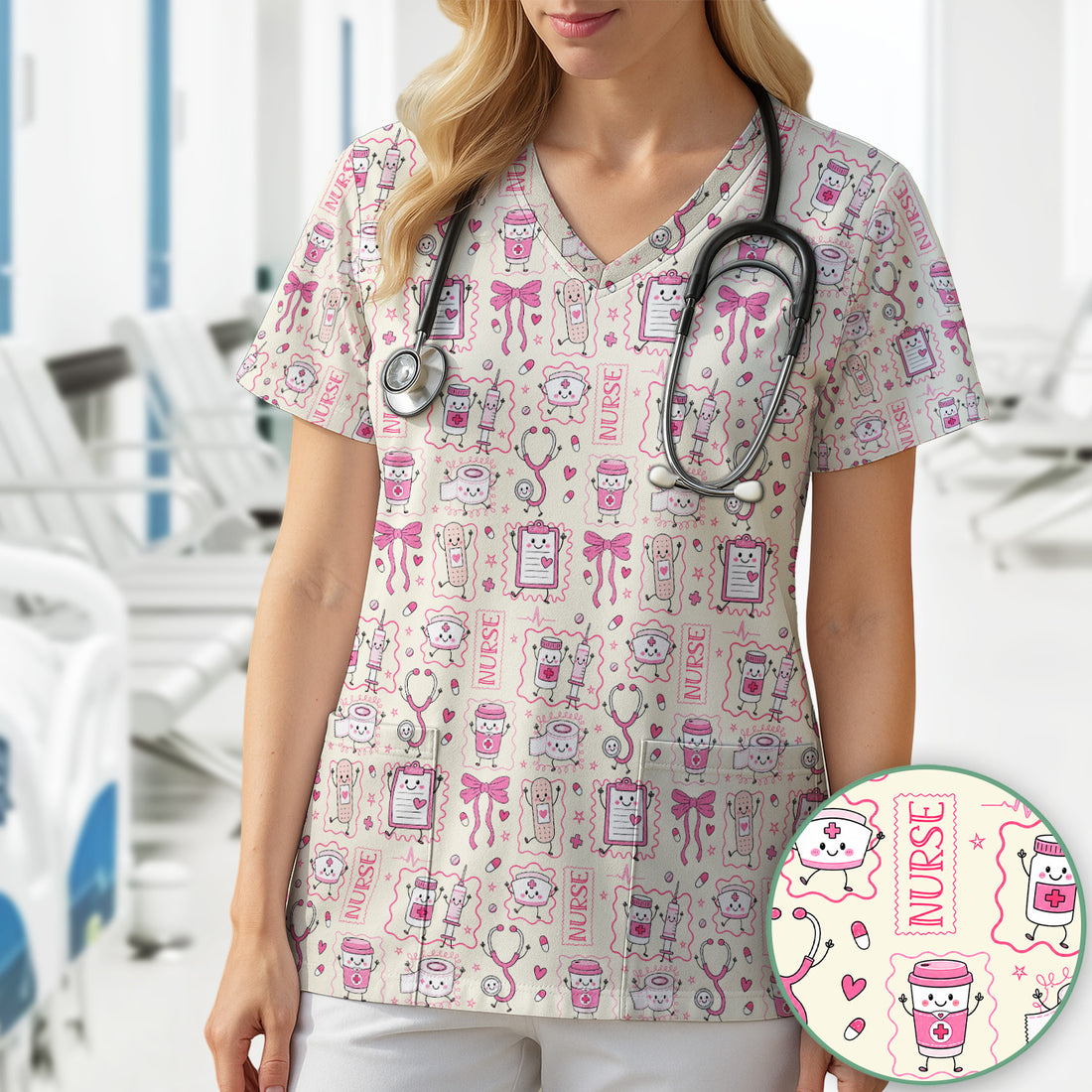 Cute Nurse Doodle with Bandage & Coffee Icons Scrub Top, Comfortable Scrubs for Nurses
