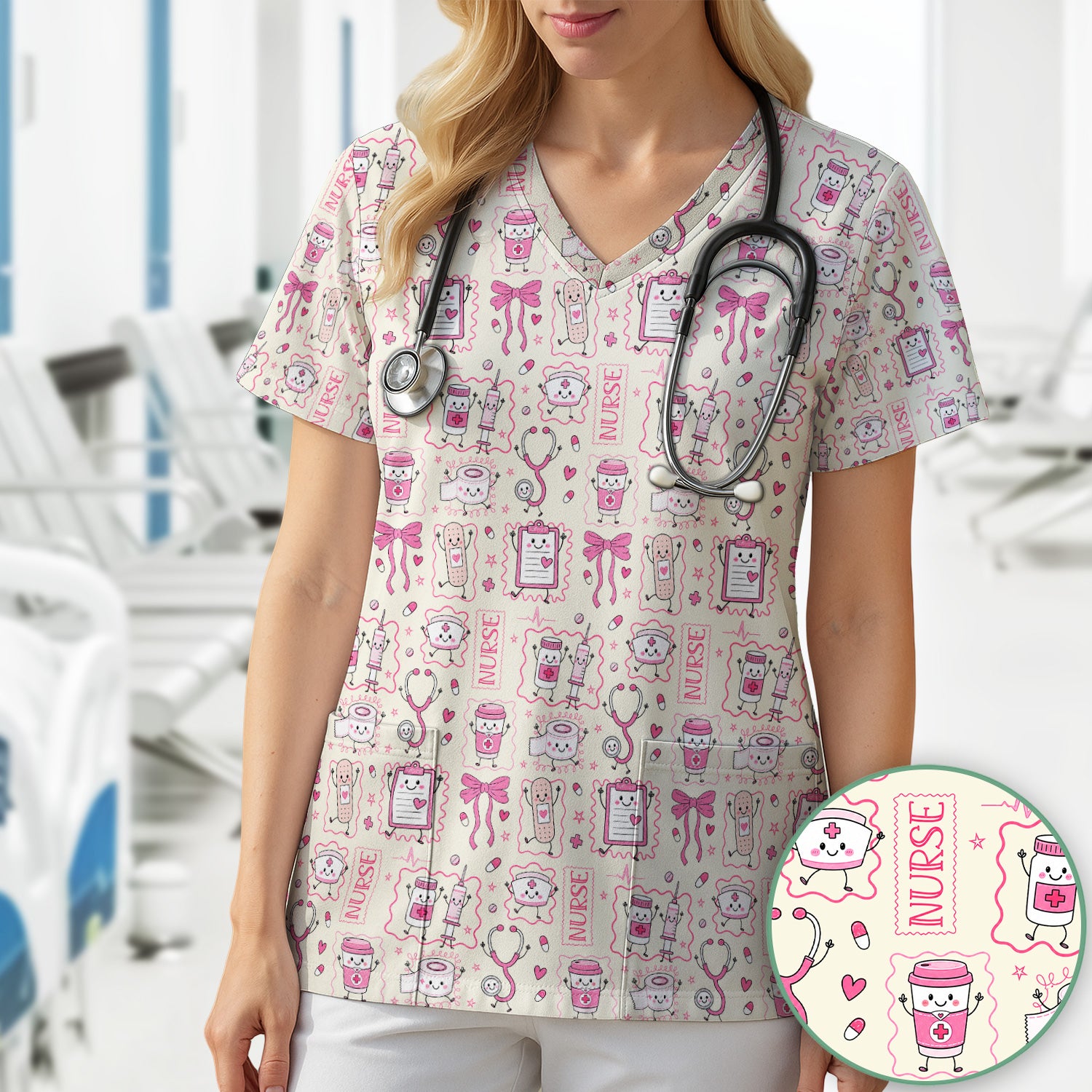 Cute Nurse Doodle with Bandage & Coffee Icons Scrub Top, Comfortable Scrubs for Nurses