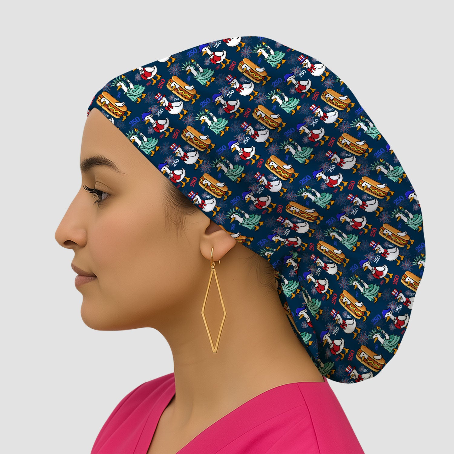 Patriotic Duck Independence Day Pattern Print Cap, Bouffant Scrub Caps for Women