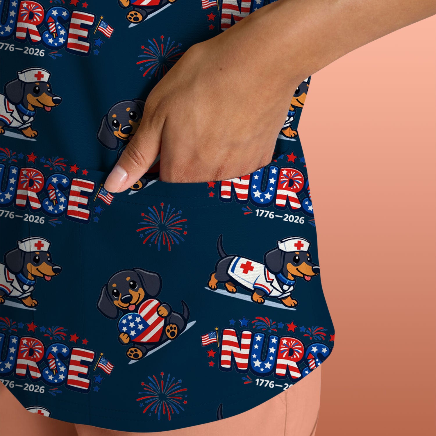 Proud Nurse Patriotic Dachshund Medical Firework Pattern Scrub Top, Comfortable Scrubs for Nurses