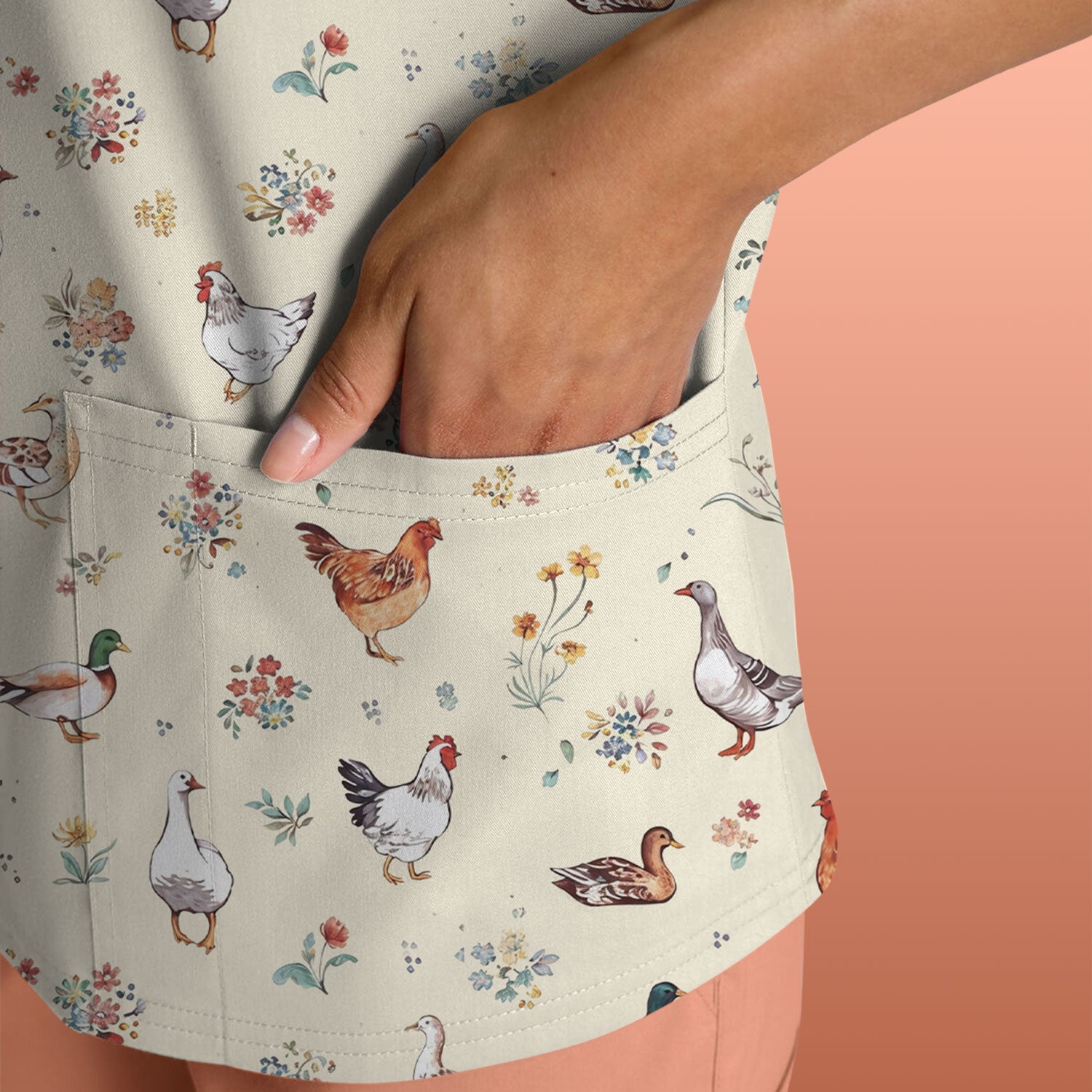 Farm Chicken Duck Floral Pattern Scrubs Top, Comfortable Scrubs for Nurses