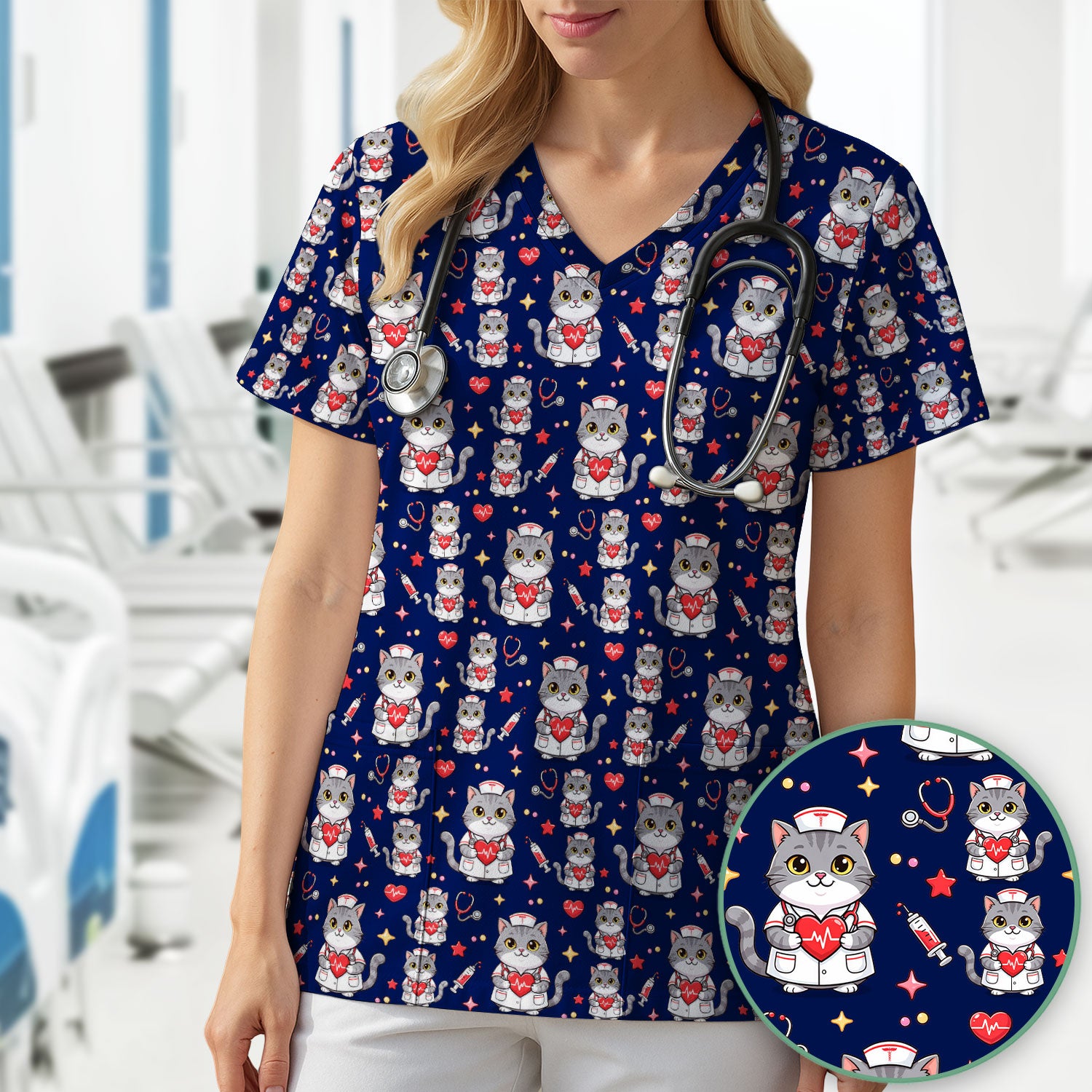 Cute Nurse Cat Heart Medical Print Scrub Top, Comfortable Scrubs for Nurses
