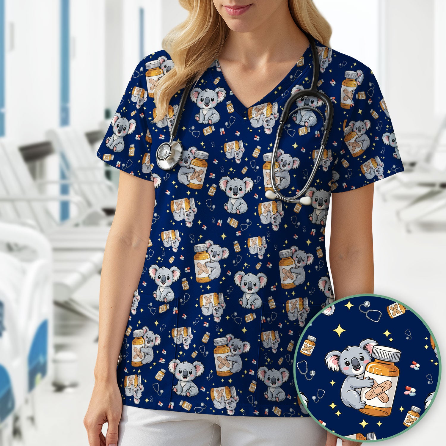 Cute Koala Nurse Bandage Medicine Print Scrub Top, Comfortable Scrubs for Nurses