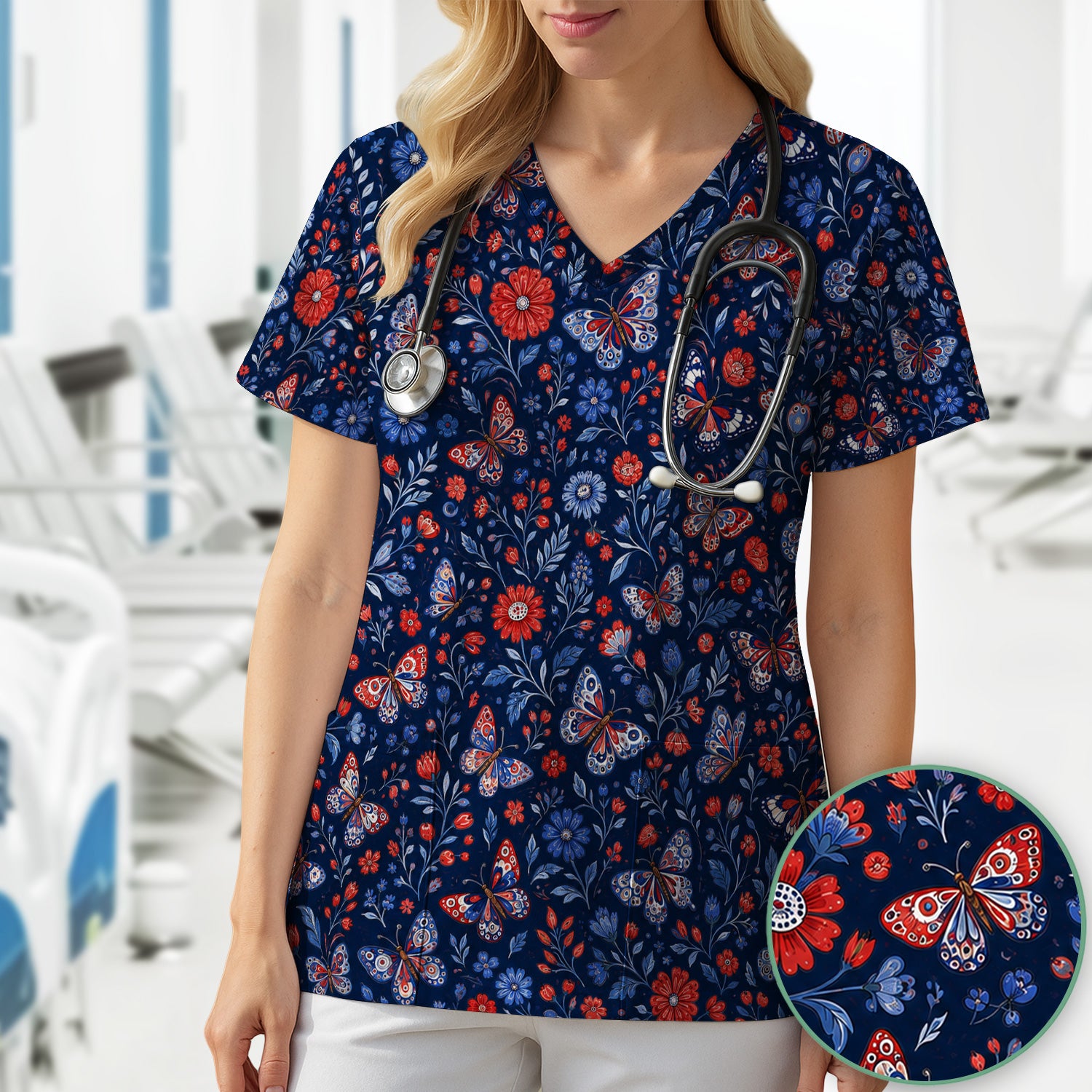 Patriotic Floral Butterfly Pattern Scrub Top, Comfortable Scrubs for Nurses