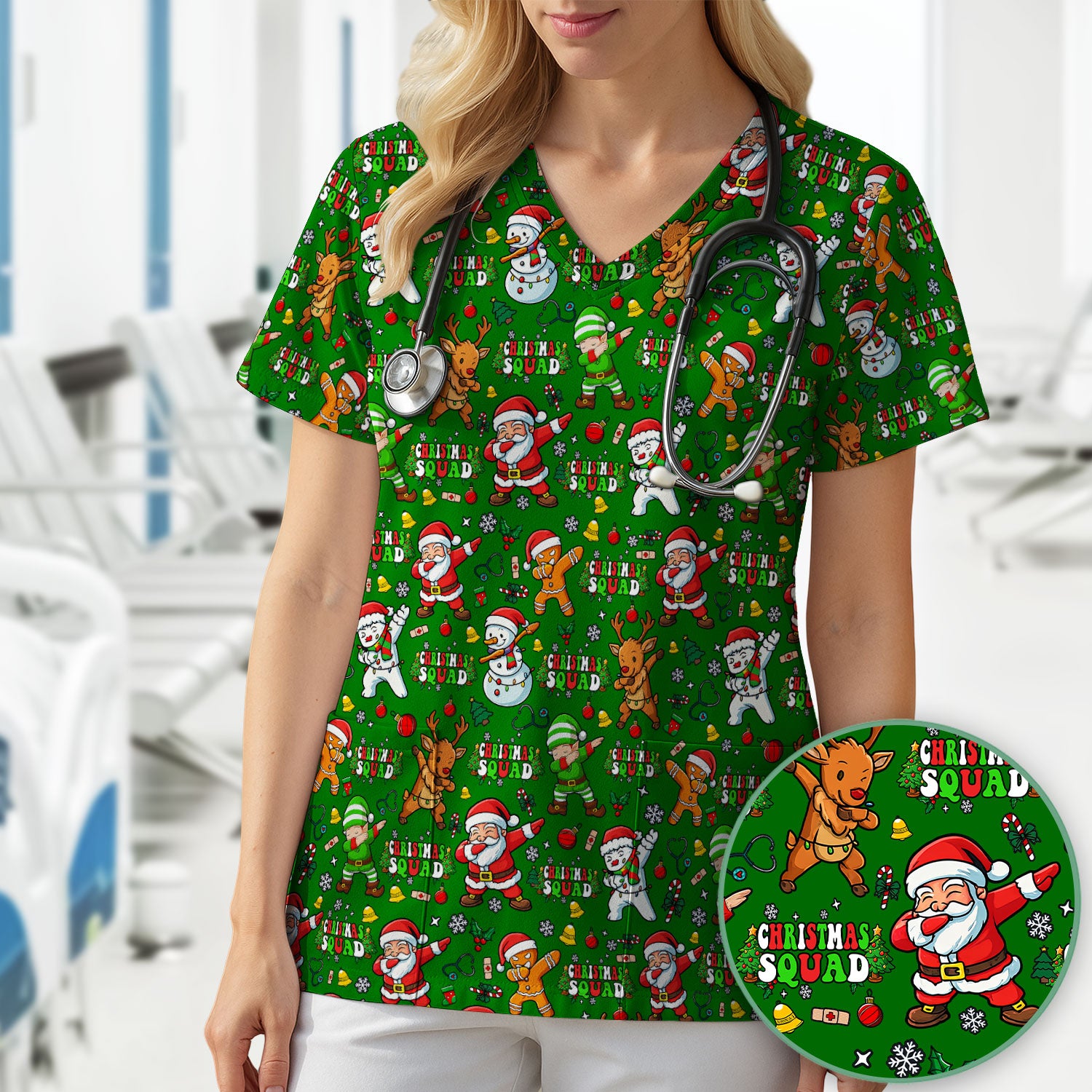 Christmas Squad Scrub Top - Dancing Santa, Reindeer & Elf Shirt - Funny Holiday Medical Uniform for Nurses, Doctors & Vet Techs
