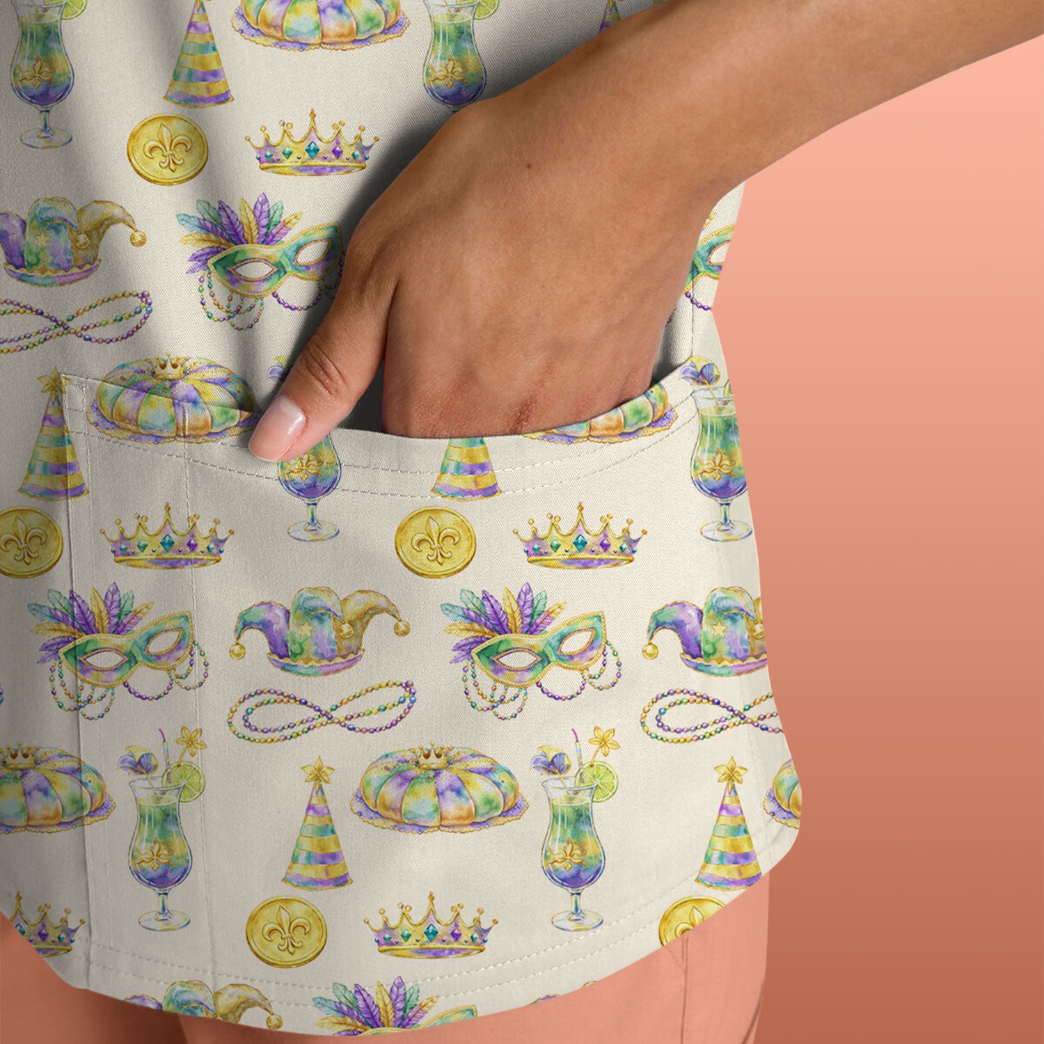 Mardi Gras Mask Scrub Top, Elegant Carnival Pattern Nurse Shirt For Women, Breathable Fabrics Nursing Uniform