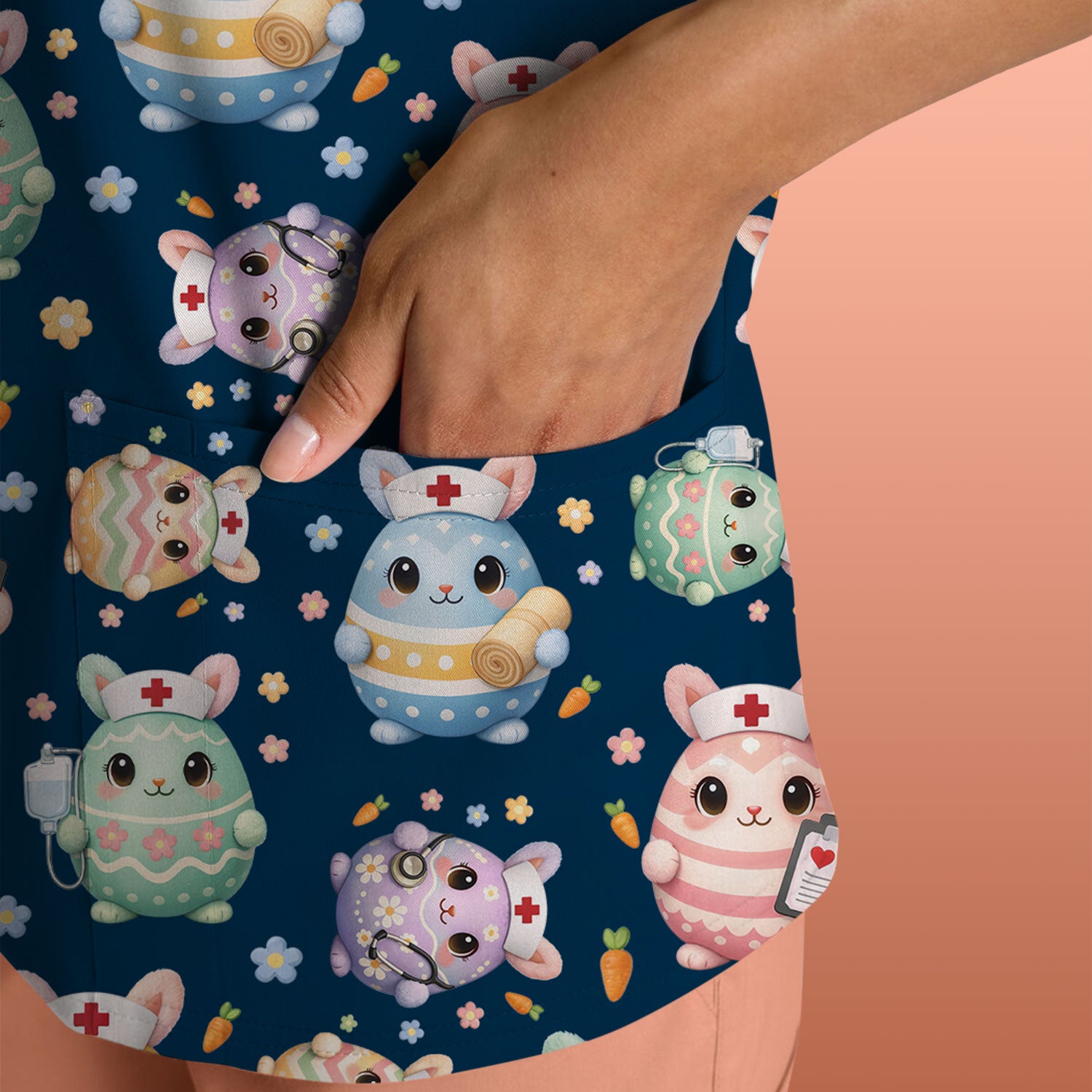 Cute Nurse Bunny Pastel Floral Print Scrubs, Breathable Fabrics Nursing Uniform, Easter