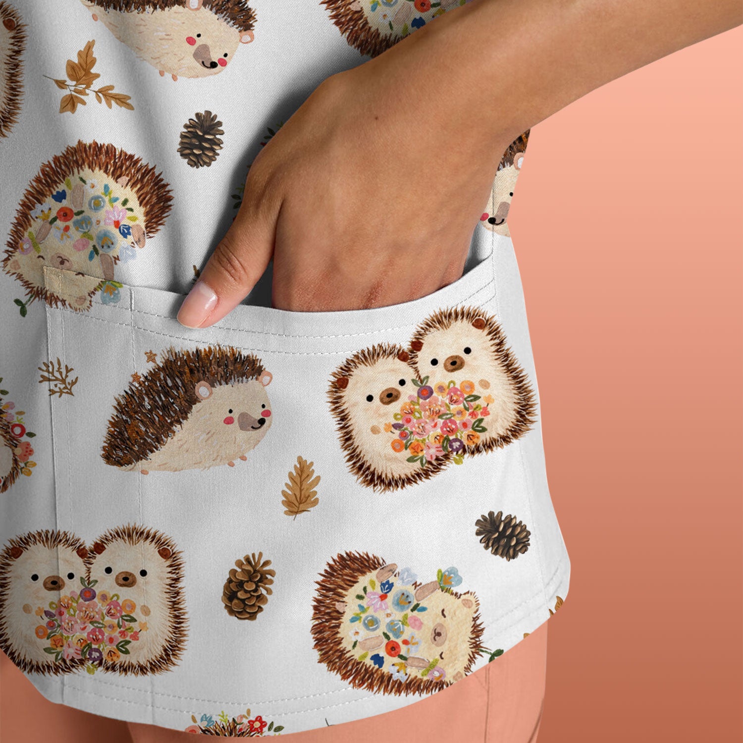 Cute Hedgehog Floral Scrub Top, Breathable Fabrics Nursing Uniform