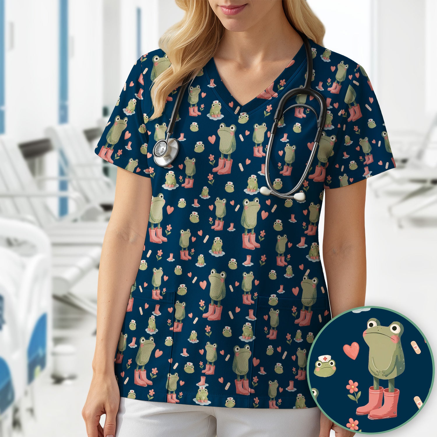 Adorable Frog Boots Heart Pattern Scrub Top, Comfortable Scrubs for Nurses