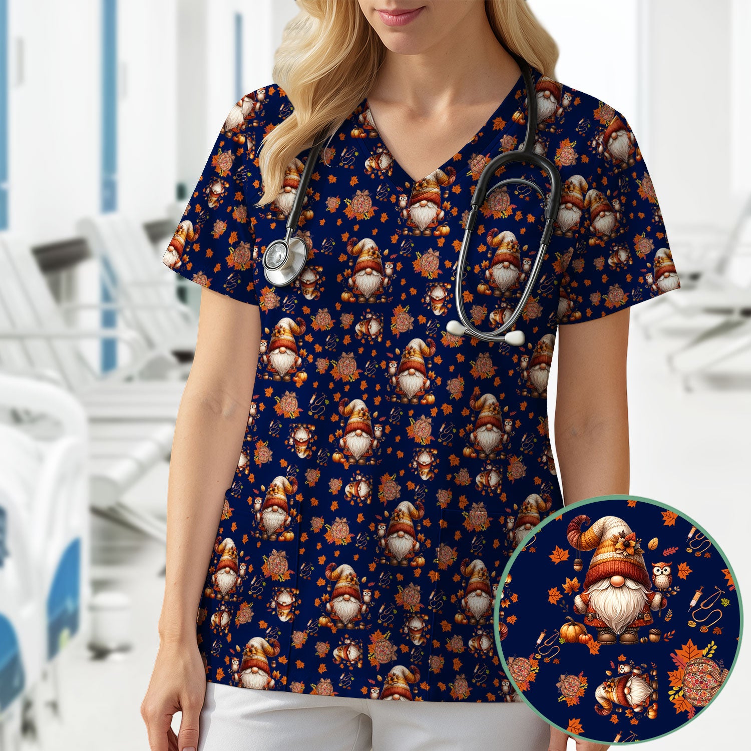 Fall Gnome Nurse Scrub Top for Women - Autumn Leaves Pumpkin Shirts - Thanksgiving Nursing Uniform Gift for RN LPN CNA