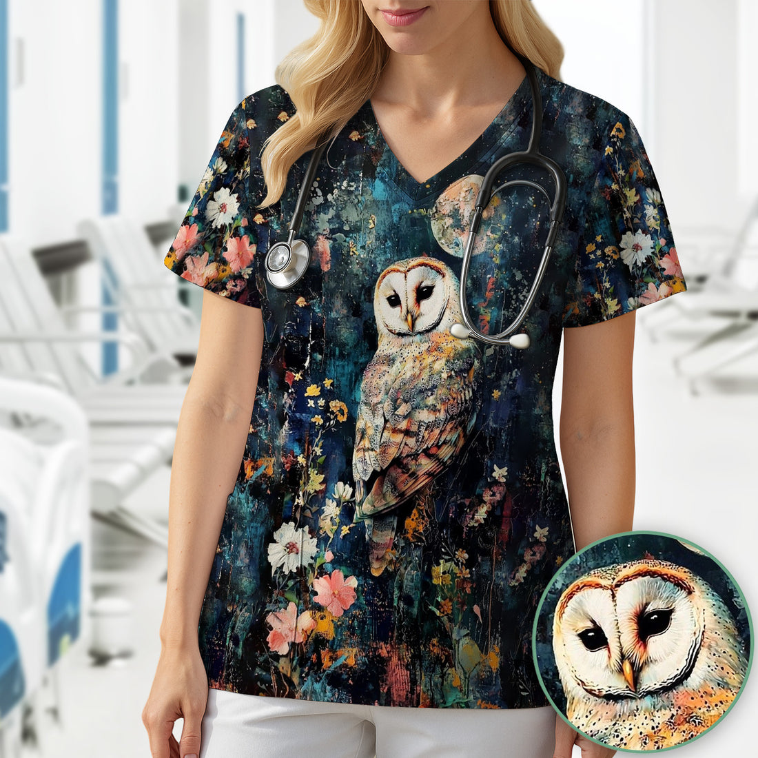 Moonlit Barn Owl Floral Pattern Scrub Top, Comfortable Scrubs for Nurses
