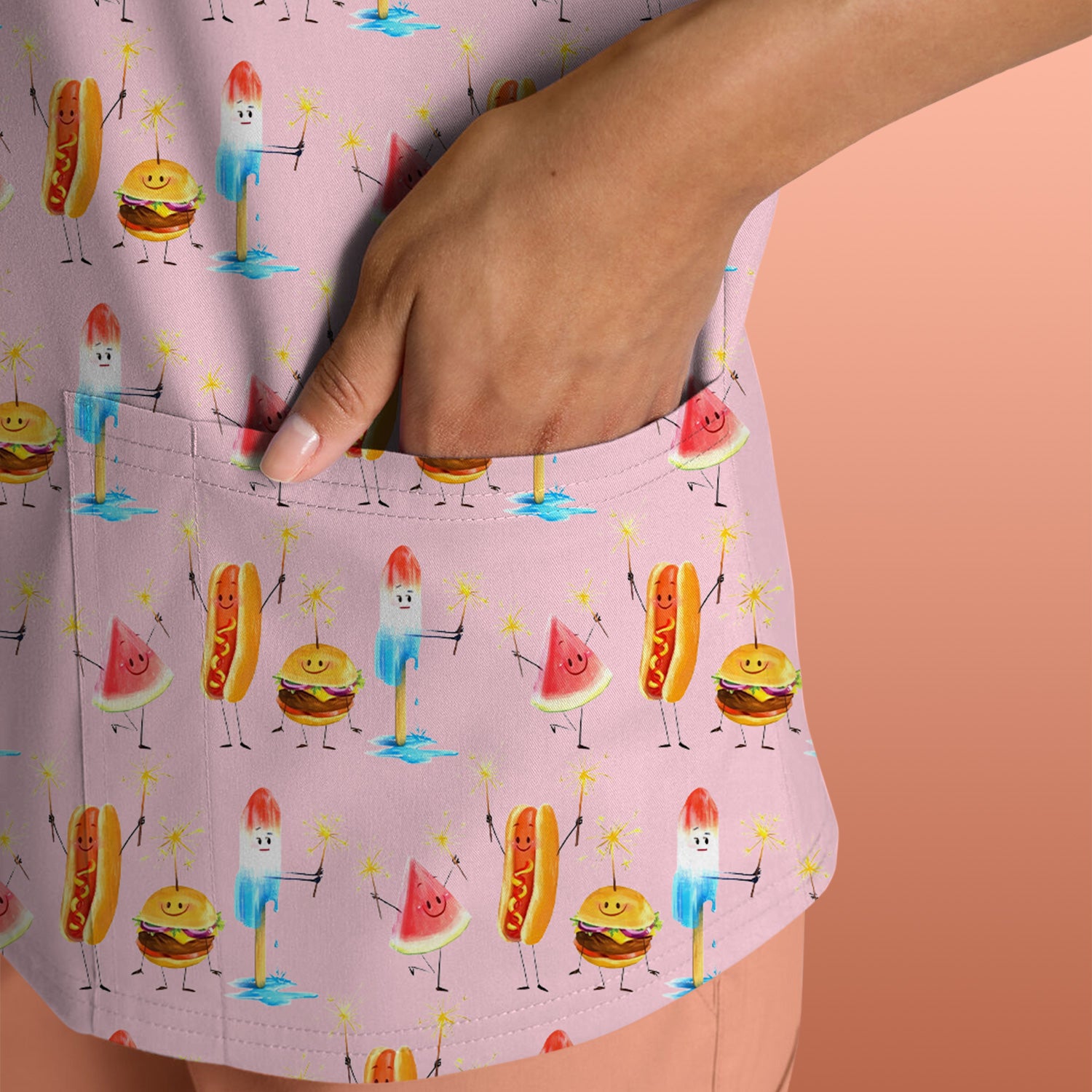 Funny Summer Food Icons Pattern Scrub Top, Comfortable Scrubs for Nurses