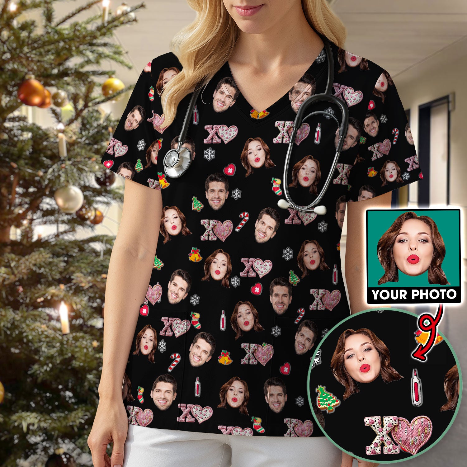 Custom Face Pattern XOXO Scrub Shirt, Personalized Photo Scrub Top, Breathable Fabrics Nursing Uniform