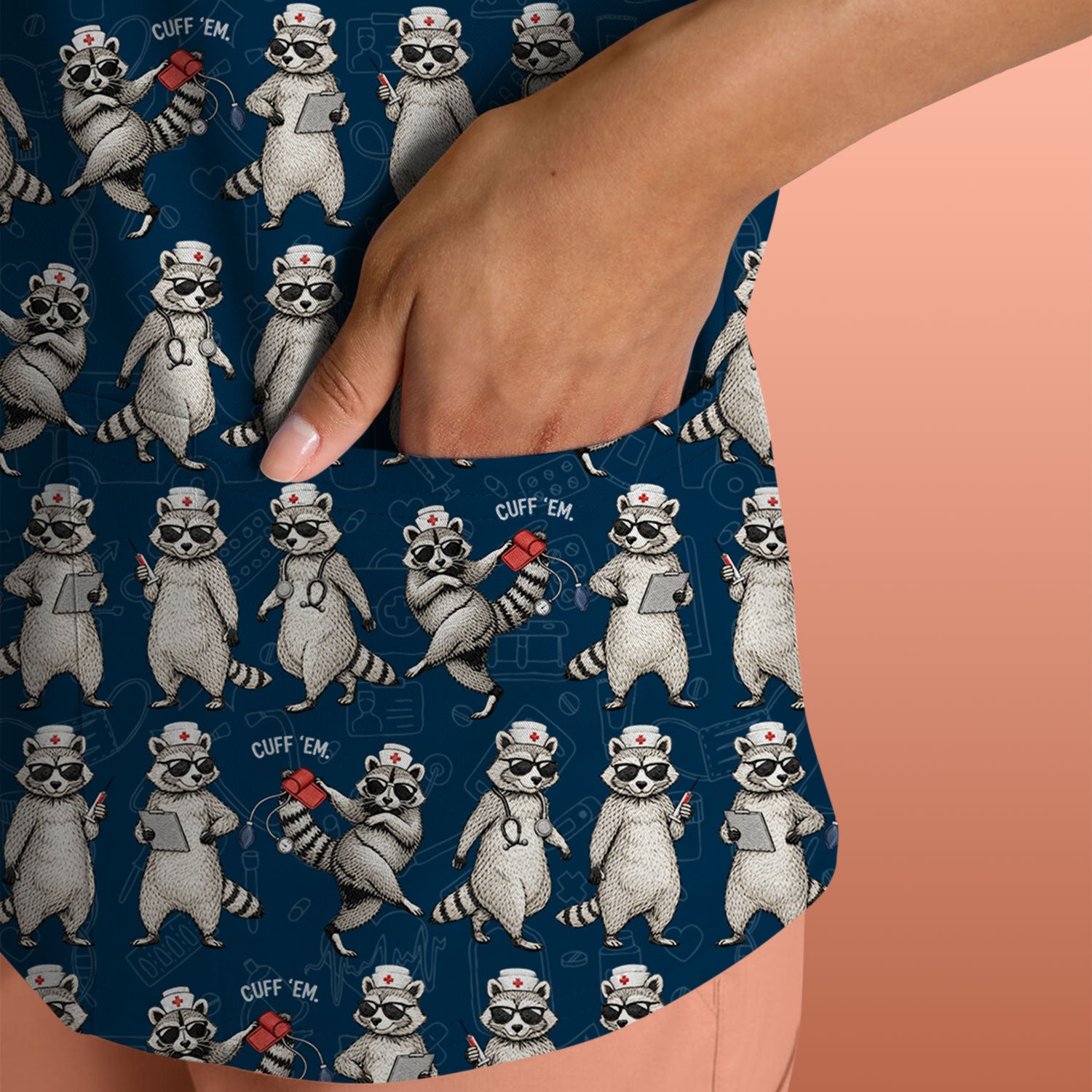 Funny Raccoon Nurse Pattern Scrub Top, Comfortable Scrubs For Nurses