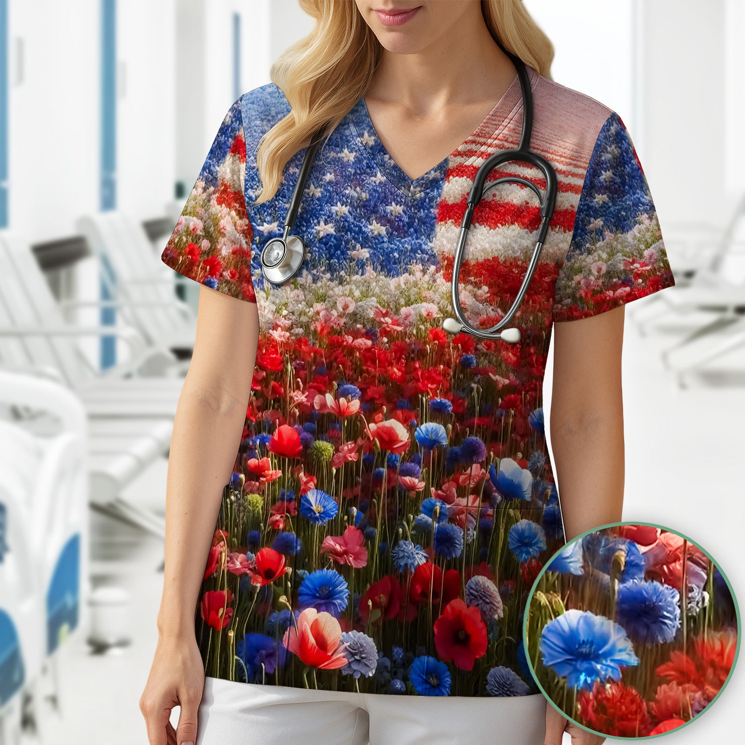 Festive Nurse American Flag Wildflower Field Scrub Top, Breathable Fabrics Nursing Uniform