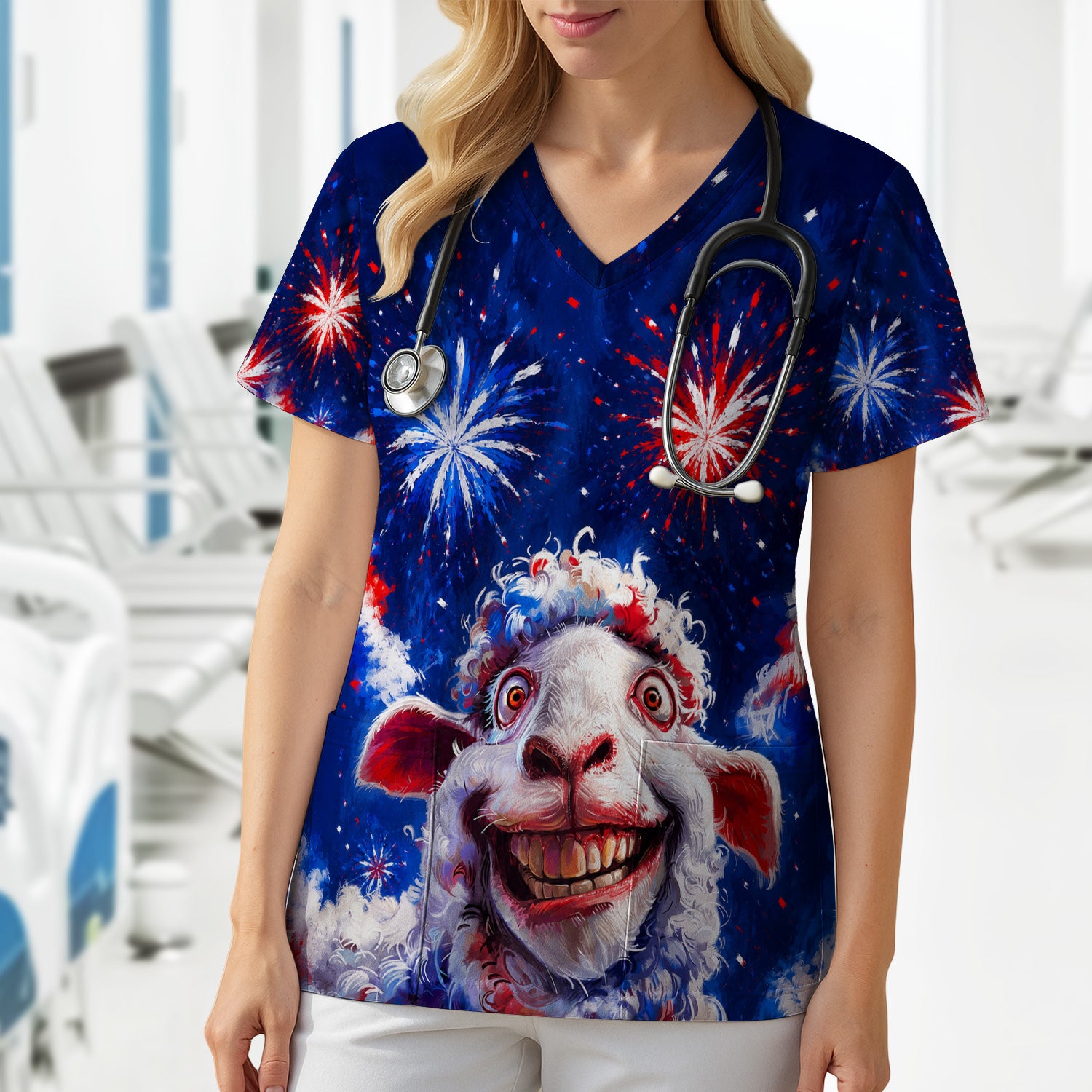 Funny Patriotic Sheep Fireworks Print Scrub Top, Comfortable Scrubs for Nurses