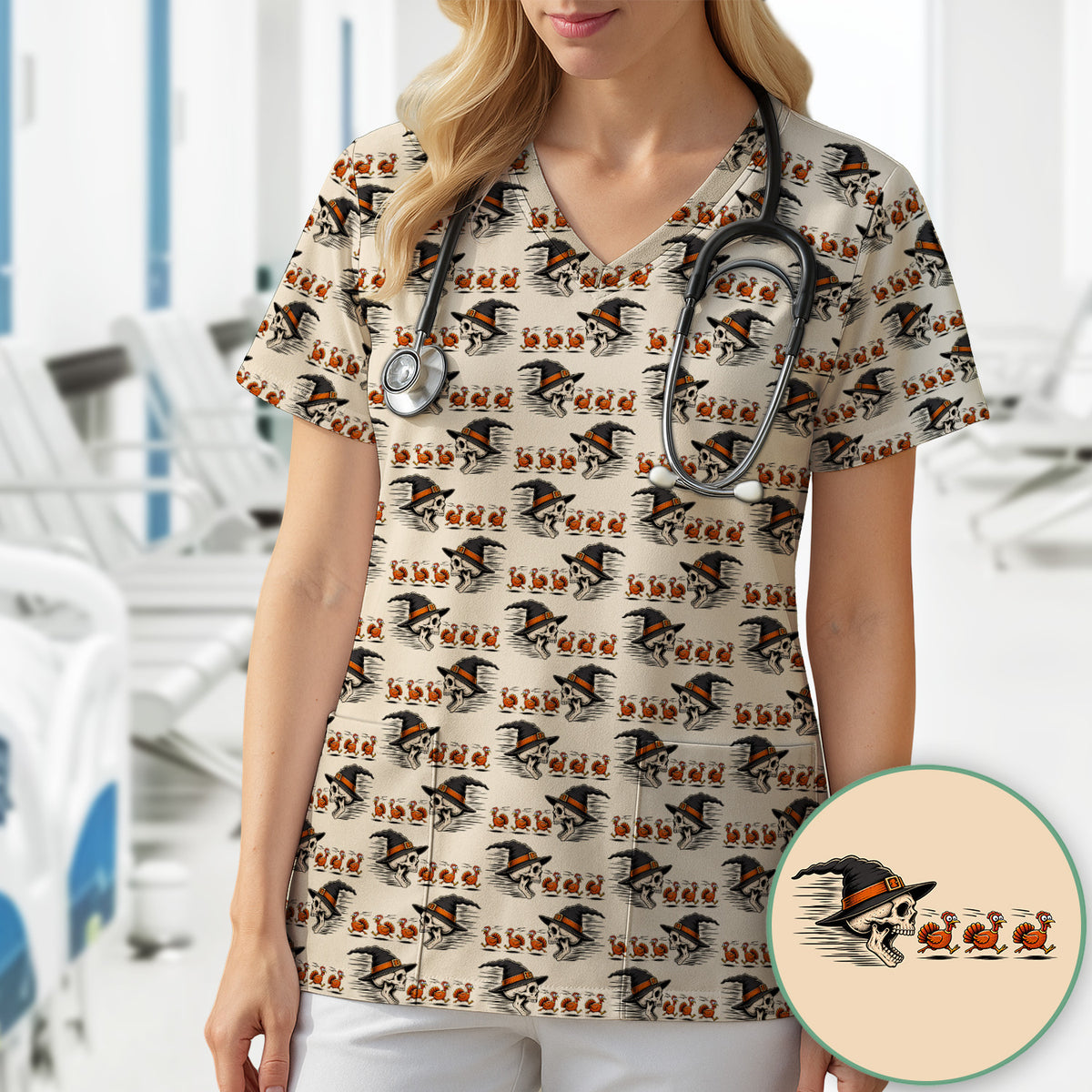 Funny Thanksgiving Skull Chasing Turkeys Pattern Scrub Top, Comfortable Scrubs for Nurses