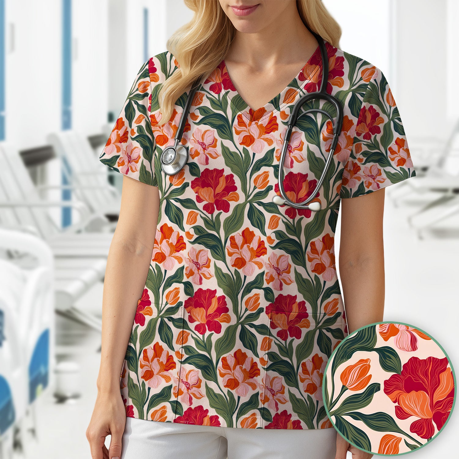 Pretty Tropical Floral Print Scrub Top, Comfortable Scrubs for Nurses