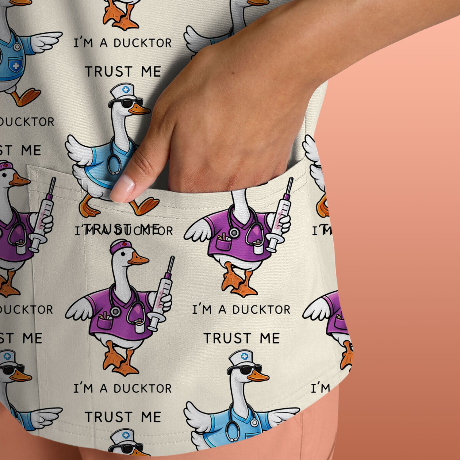 Funny Duck Cartoon Medical Pattern Scrub Top, Comfortable Scrubs for Nurses