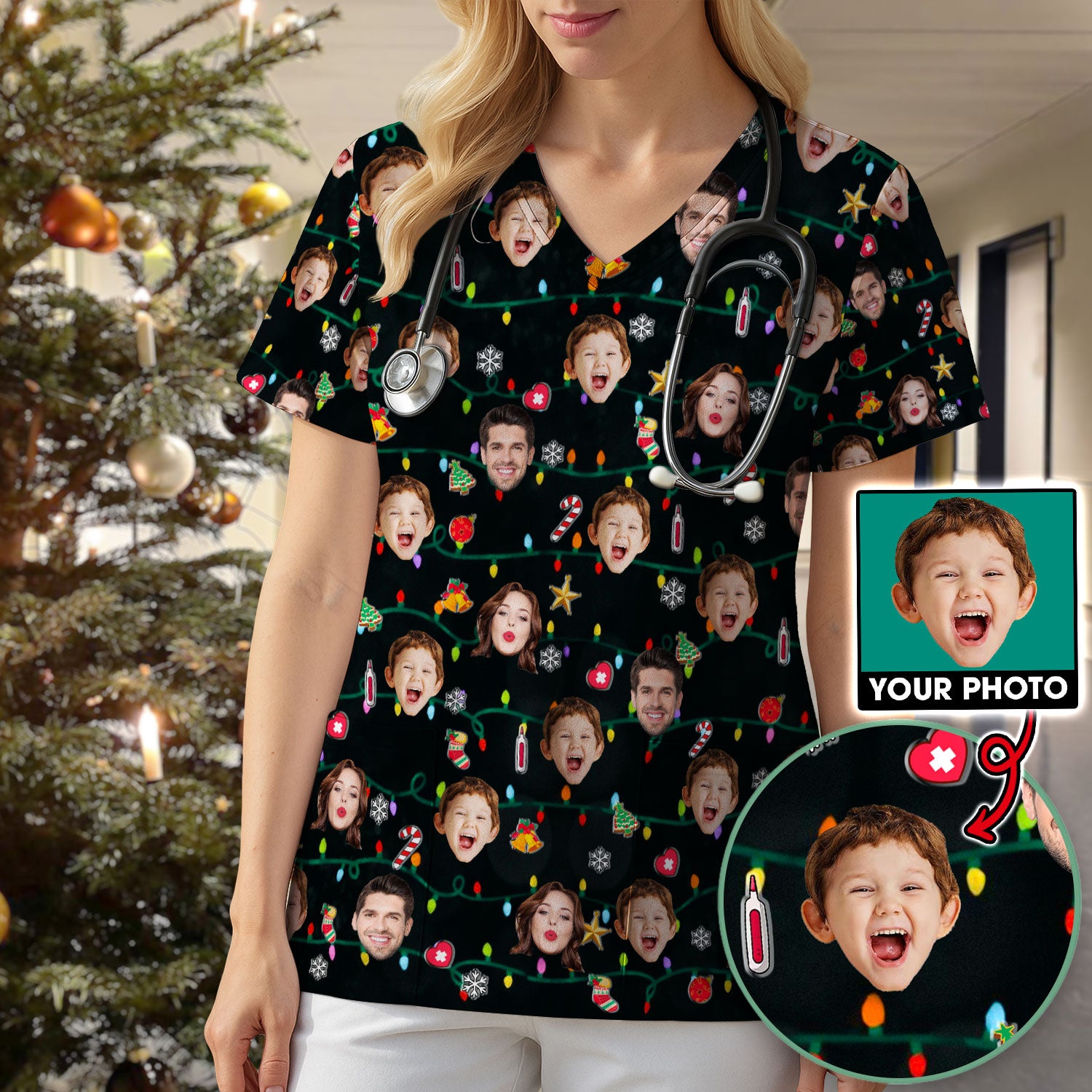 Personalized Xmas Photo Scrub Top, Christmas Custom Face Scrub Shirt, Breathable Fabrics Nursing Uniform