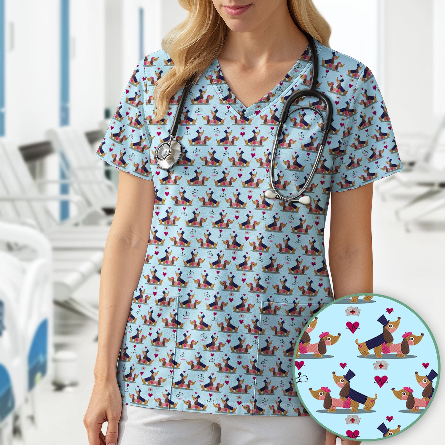 Valentine Dachshund Nurse Scrub Set - Funny Couple Gift for Women