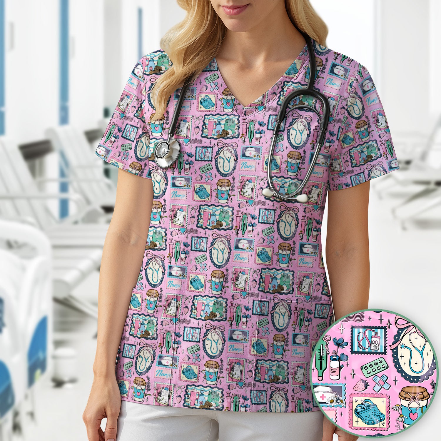 Medical Tools Stethoscope Syringe Frame Scrub Top, Breathable Fabrics Nursing Uniform