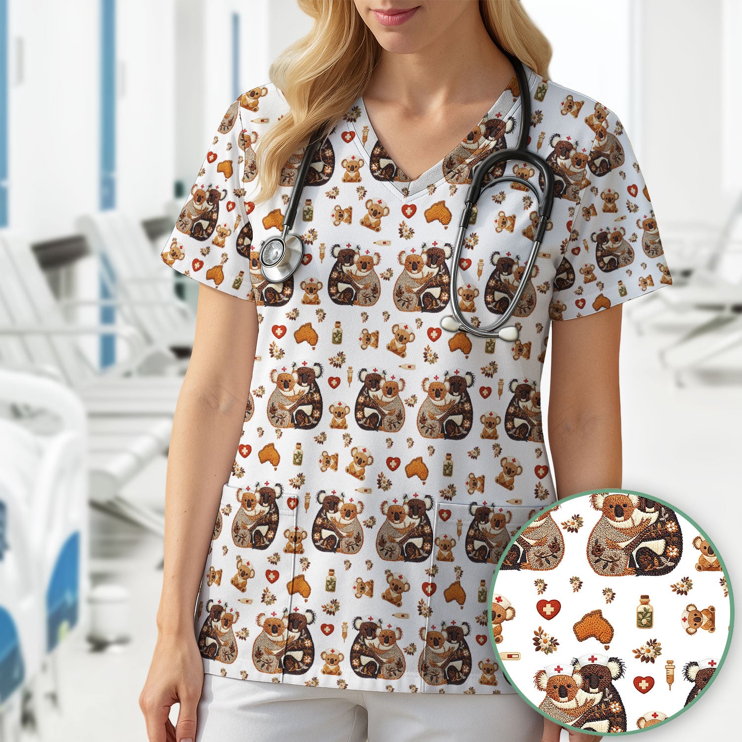 Cute Cartoon Koala Valentine Nurse Design Scrub Top, Breathable Fabrics Nursing Uniform