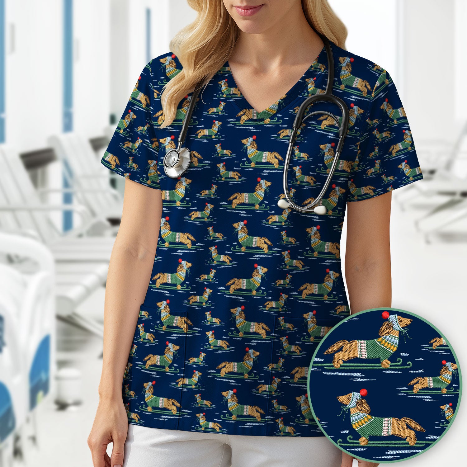 Dachshund Nurse Scrub Top, Wiener Dog Winter Pattern Shirt, Breathable Fabrics Nursing Uniform