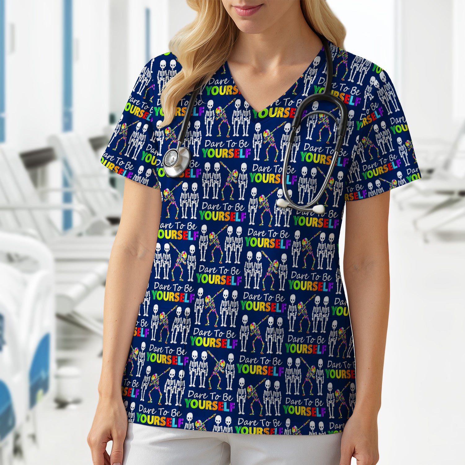 Rainbow Skeleton Dare To Be Yourself Pattern Scrubs Top, Comfortable Scrubs for Nurses