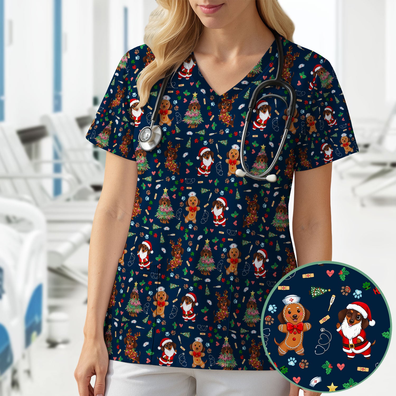 Wiener Dog Christmas Scrub Top – Funny Dachshund Pattern Medical Shirt – Festive Holiday Uniform for RN, LPN, CNA, and Vet Techs