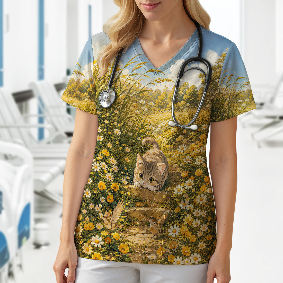 Sunny Garden Cat Nurse Pattern, Floral Medical Scrub Top, Comfortable Scrubs for Nurses