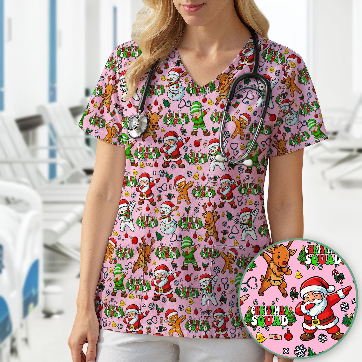Christmas Squad Scrub Top - Dancing Santa, Reindeer & Elf Shirt - Funny Holiday Medical Uniform for Nurses, Doctors & Vet Techs