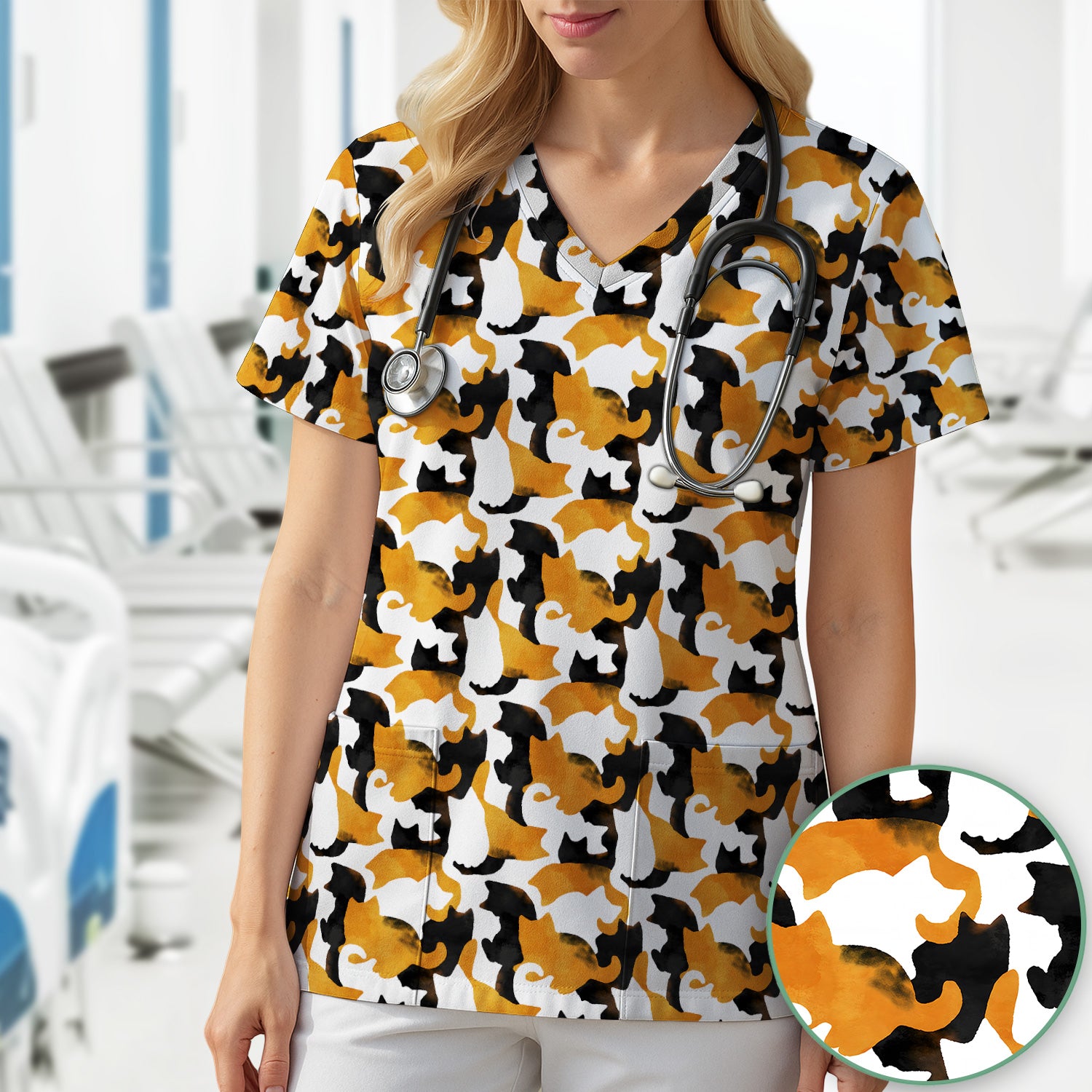Calico Cat Silhouette Nurse Scrub Top for RN, CNA, Veterinary Staff, Cat Lover Uniform
