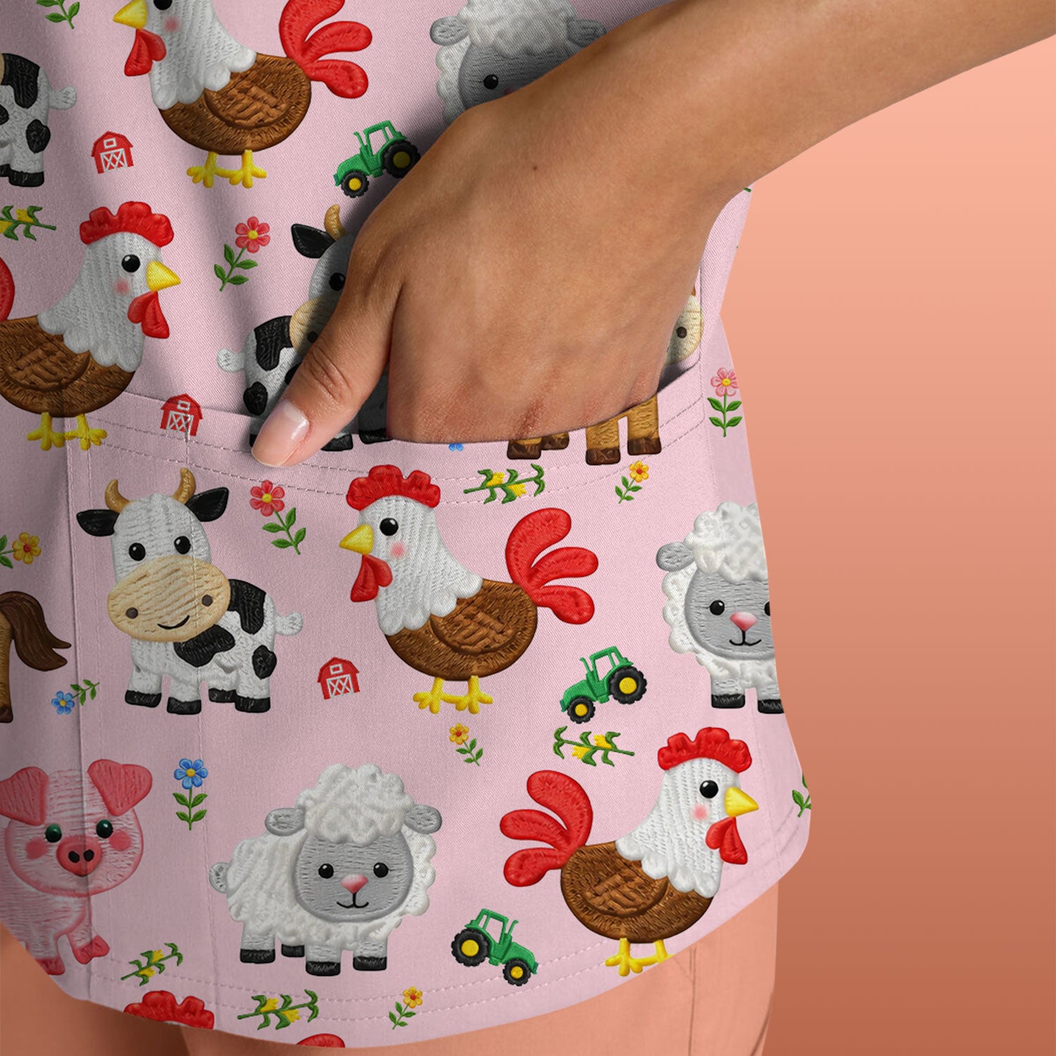 Cartoon Farm Animal Pattern Scrub Top, Breathable Fabrics Nursing Uniform