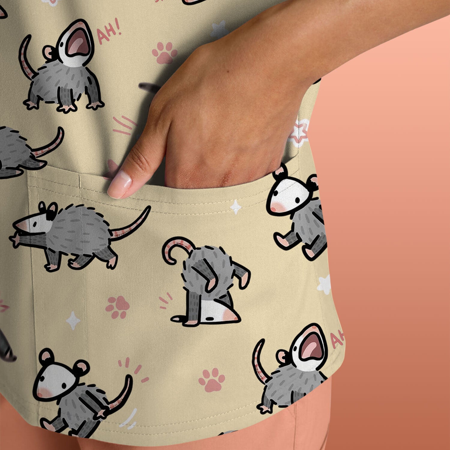 Playful Cartoon Opossum Character Pattern Scrub Top, Breathable Fabrics Nursing Uniform