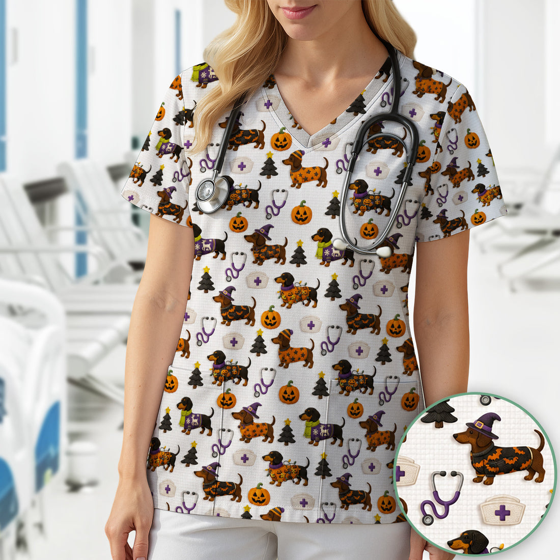 Halloween Dachshund with Pumpkin Stethoscope Print Scrub Top, Comfortable Scrubs for Nurses