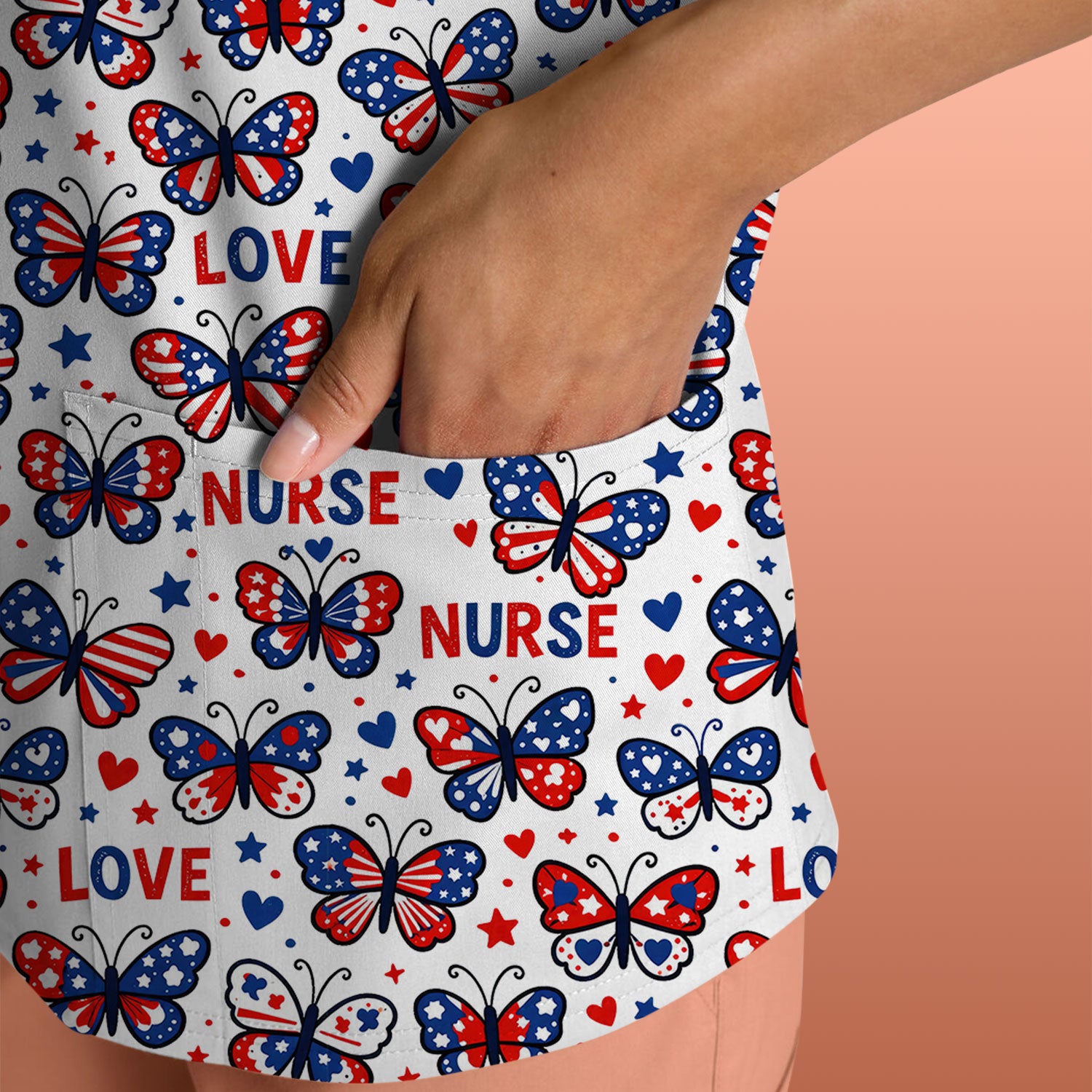 USA Patriotic Butterfly Nurse Scrub Top, Comfortable Uniform Scrubs For Nursing